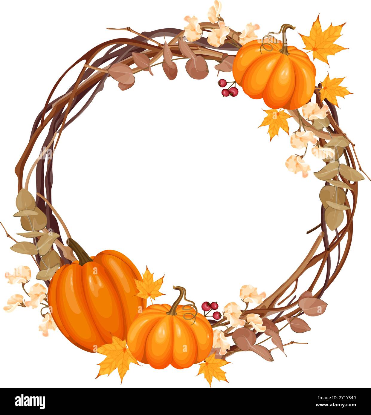 Diese Vektor-Illustration zeigt einen runden Herbstkranz, der mit Kürbissen, Herbstblättern, Zweigen und kleinen Beeren verziert ist. Stock Vektor