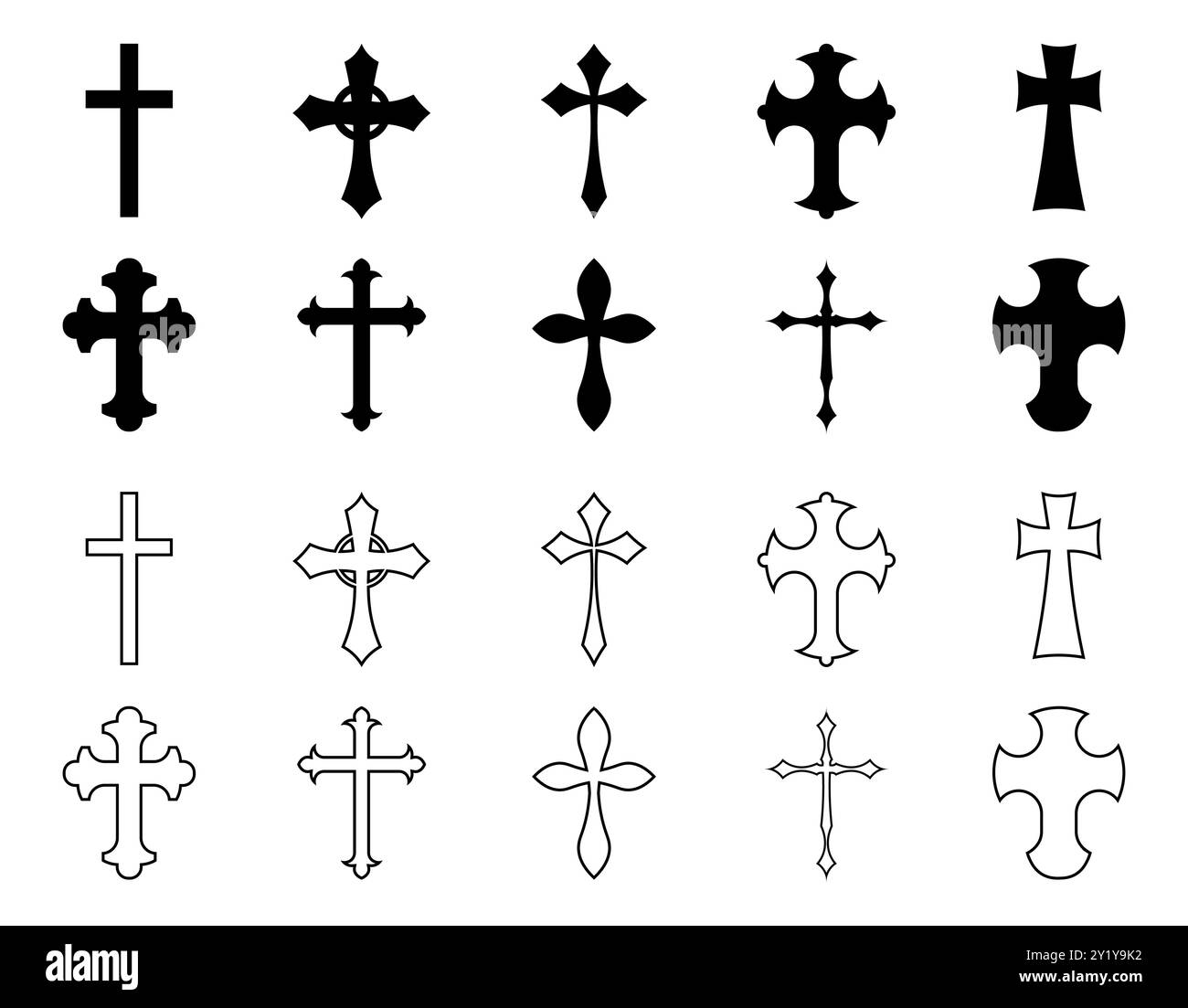 Christliches Kreuz. Katholisches Kruzifix. Religiöses Jesus-Logo. Biblisches Silhouettensymbol. Heiliger Tod. Grabstein-grafisches Schild. Piktogramm der gotischen Linie. Glaube an Gott. Abstrakte Formen. Vektorsymbole festgelegt Stock Vektor