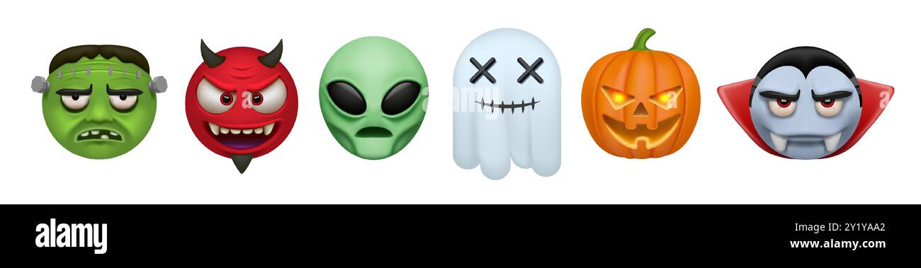 Halloween-Charaktere. 3D Emoji Monster, Vampir und süßes Zombie Kostüm, Gesicht Emoticon Ausdruck. Lustiger Geist und gruseliger Kürbis, gruseliger Alien und Teufelskopf. Vektor isolierte Cartoon-Horror-Elemente Stock Vektor
