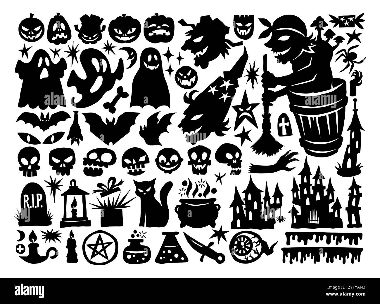 Halloween-Symbole. Kürbis-, Geist- und Skull-Silhouettenelemente mit gruseliger Hexe, gruseliger Fledermaus und geheimnisvollem Baum, Webspinne. Gruseliger Grabstein und Trank. Dekorative Sticker-Kollektion. Vektorabbildung Stock Vektor