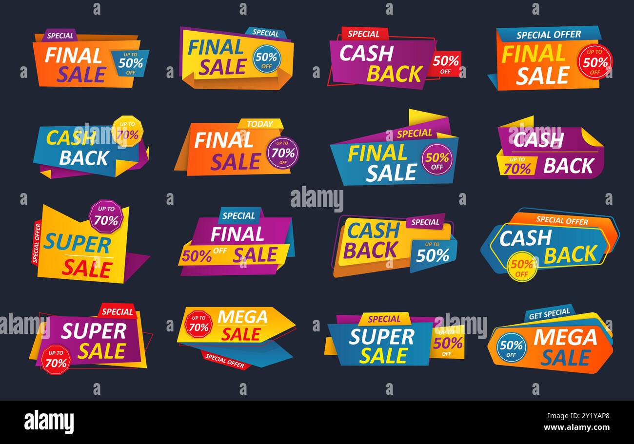 Verkaufsabzeichen. Spezielles Cash-Back-Logo. Mega-Rabatt. Sonderrabatt anbieten. Kaufe grafische Embleme. Preisbanner für geometrische Filialen. Werbung für isolierte Etiketten. Vektorsymbole festgelegt Stock Vektor