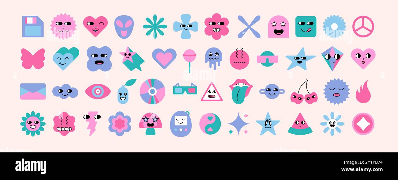 Y2K-Aufkleber. Süßes Blumenlächeln. Retro-Herzsymbol oder Mädchen-Emoji-Muster. Grooviger 90s Patch. Lustige abstrakte Form des Sterns. Comic-Kirsche. Wütende oder glückliche Symbole. Grafische Emoticons. Vektor trendige Abzeichen Set Stock Vektor