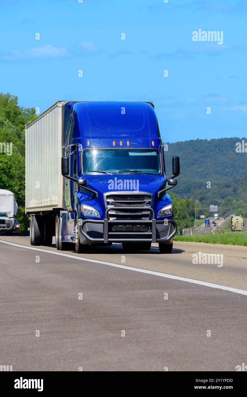 Vertikale Aufnahme eines blauen achtzehn Laufrades mit Kopierraum. Stockfoto