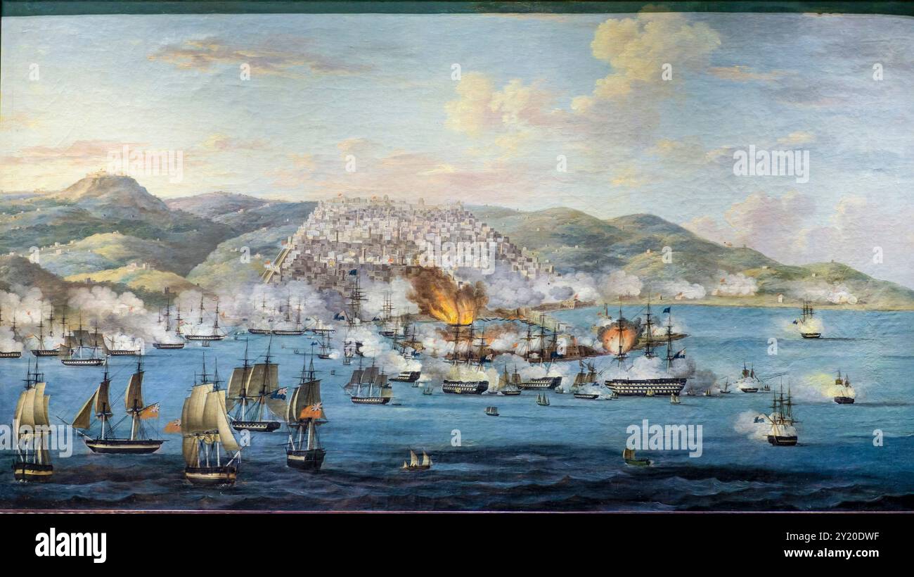 Die Bombardierung Algiers durch das anglo-niederländische Geschwader unter dem Kommando von Admiral Pellew, 1816, Öl auf Leinwand, Menorca Militärmuseum, alte Kaserne von Cala Corb, zentraler Platz von es Castell, erbaut von den Briten im Jahr 1771, Menorca, balearen, Spanien. Stockfoto