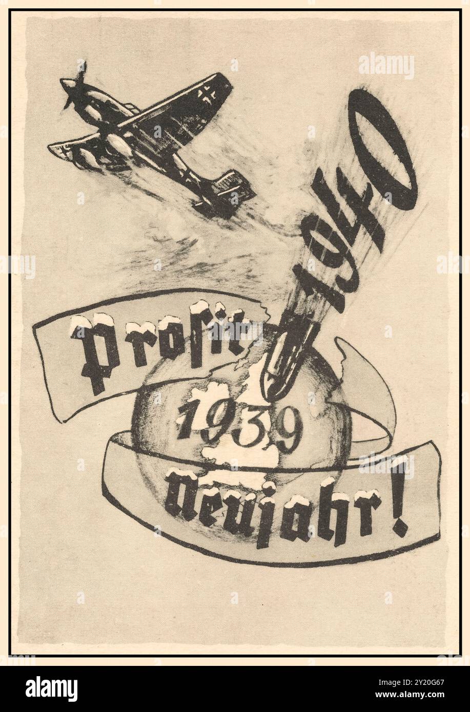 Posterkarte für Nazi-Propaganda aus dem 2. Weltkrieg. Prosit Neujahr! 1940 „Prosit!“ Liest den Neujahrsgruß für 1940, in dem ein Flugzeug seine Bombe über England während des Zweiten Weltkriegs abwirft Stockfoto