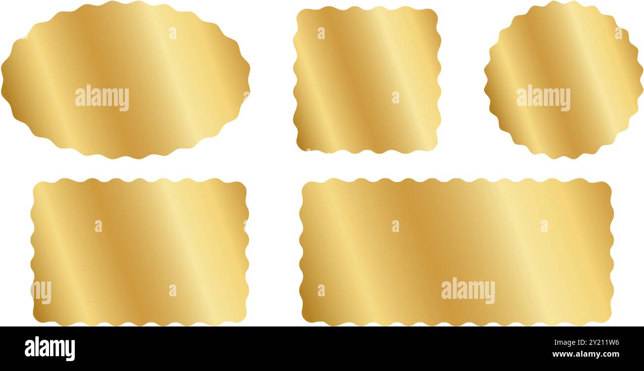 Set aus goldenen Oval-, Quadrat-, Rechteck- und Kreisformen mit welligen Kanten. Geometrische Formen mit kurvigen Rändern. Goldene, klebrige Textfelder, Tags oder Etiketten isoliert auf weißem Hintergrund. Vektorabbildung. Stock Vektor