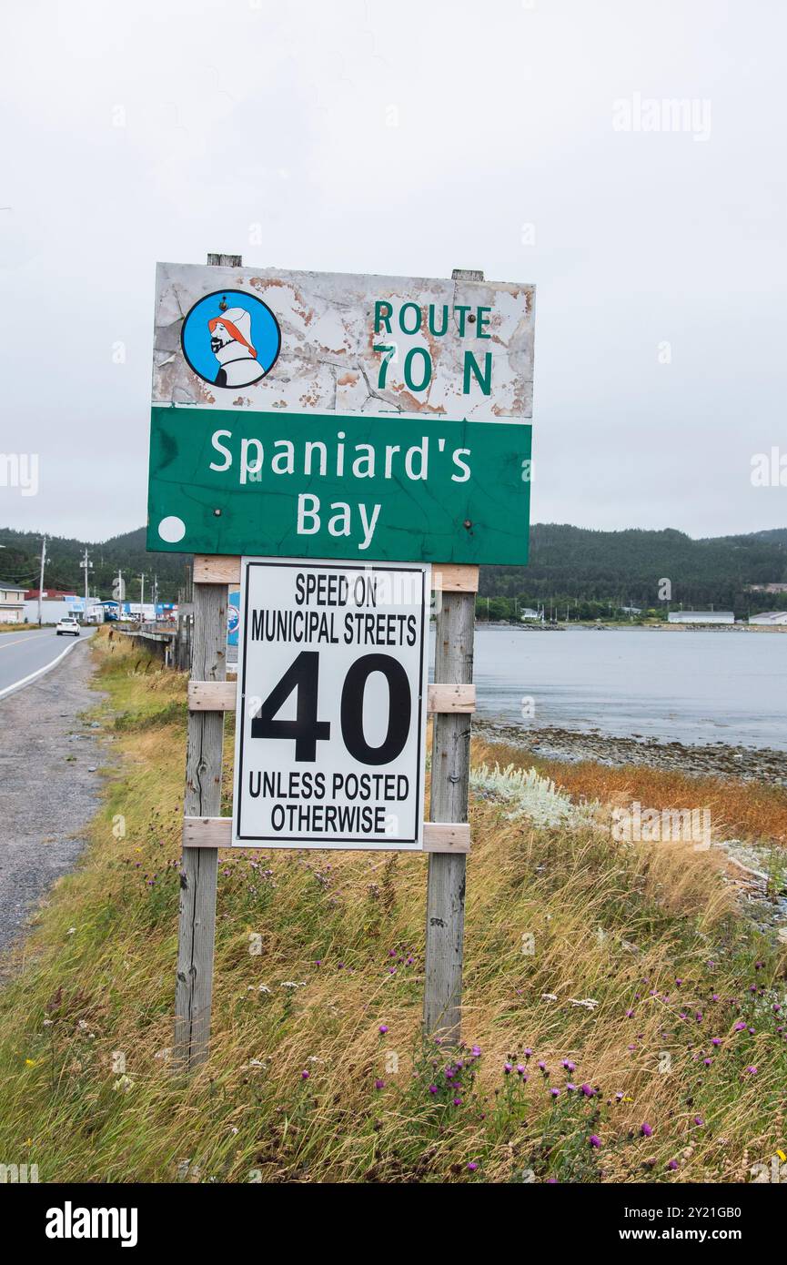 Wegweiser Route 70 N in Spaniard's Bay, Neufundland & Labrador, Kanada Stockfoto