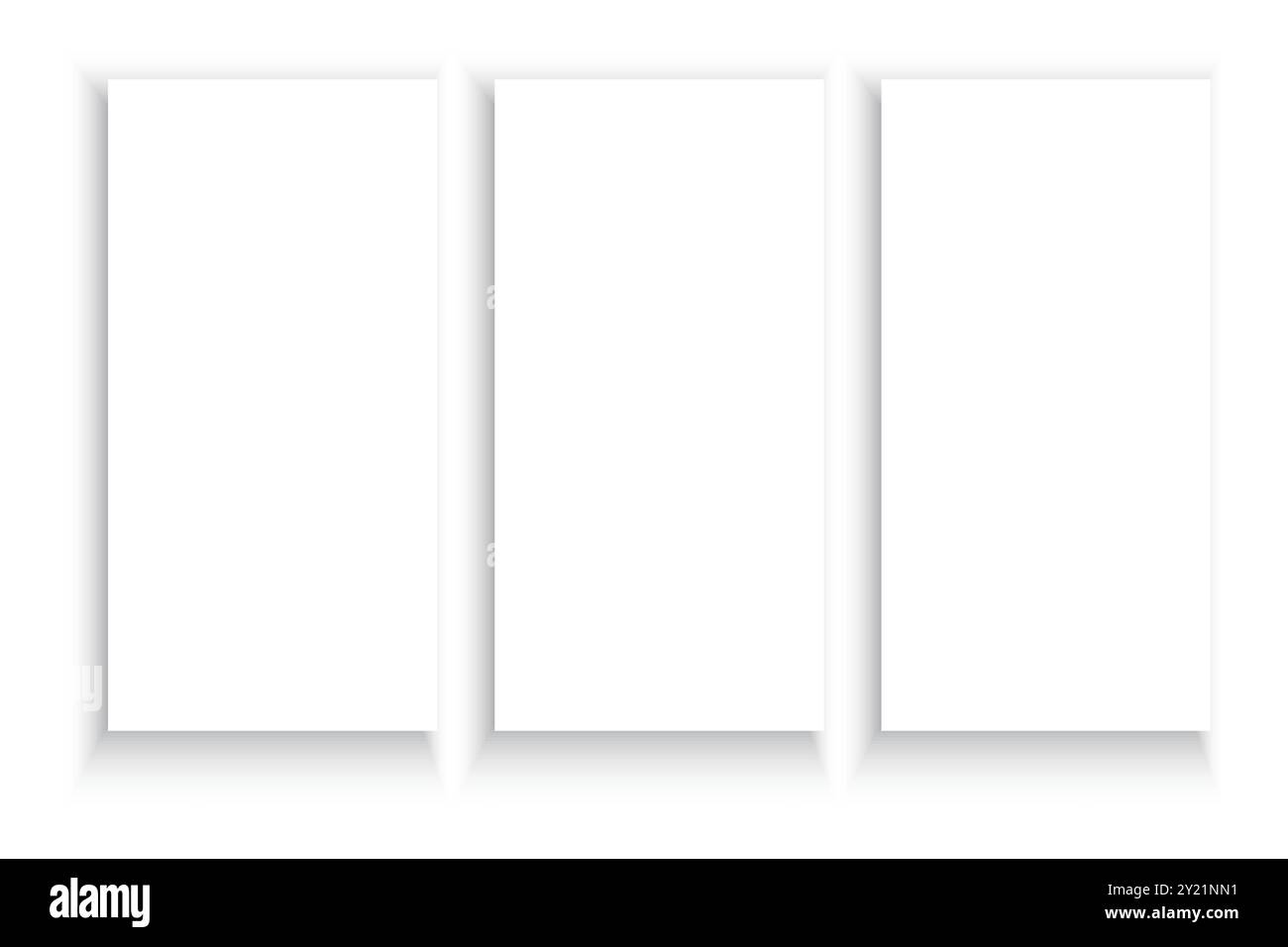Drei vertikale weiße Rahmen mit weichen Schatten. Einfaches, minimalistisches Design. Geometrisches Layout bereinigen. Stock Vektor
