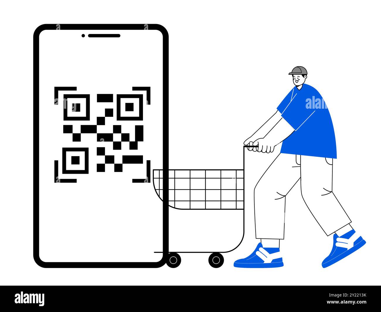 QR-Code digitale Zahlung Mann Warenkorb Kauf Kasse Smartphone Illustration zweifarbiger blauer schwarzer Umriss Stock Vektor