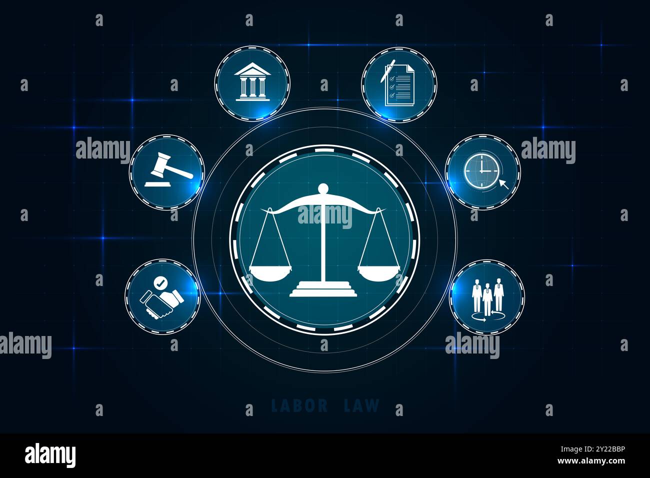 Internetgesetz über dunkelblau verschwommenen Hintergrund. Cyberrecht als digitale Rechtsberatung Arbeitsrecht, Rechtsanwalt. Gerechtigkeit Balance, Symbol für Wirtschaft und Finanzen Stockfoto