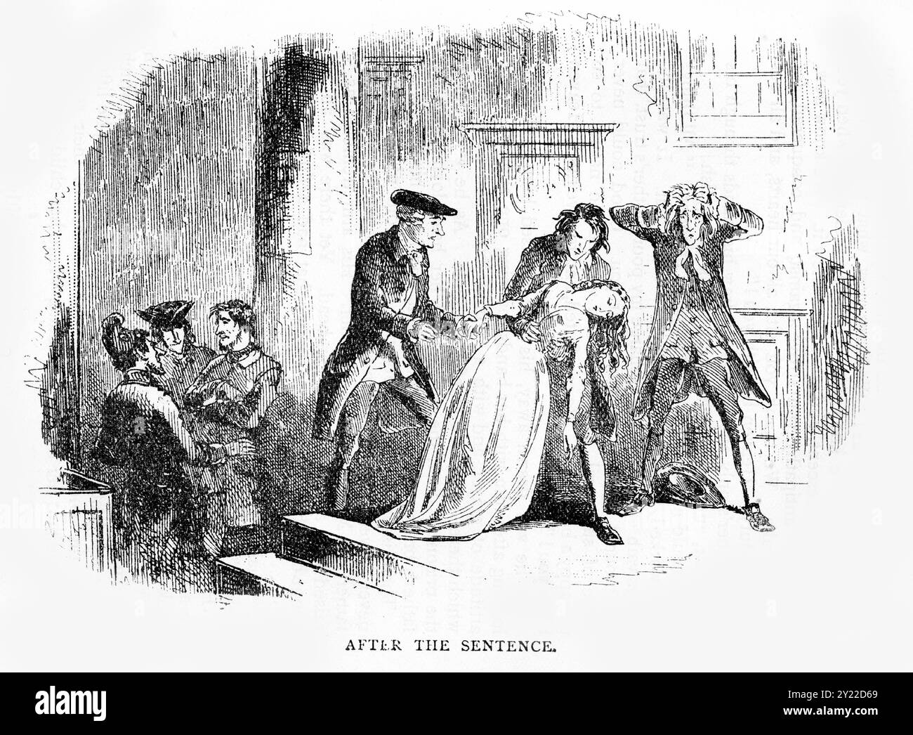 Gravur einer Szene aus dem Buch A Tale of Two Cities von Charles Dickens, Ausgabe des 19. Jahrhunderts, die die Reaktion von Lucie Manette nach dem Satz auf ihren Vater zeigt Stockfoto