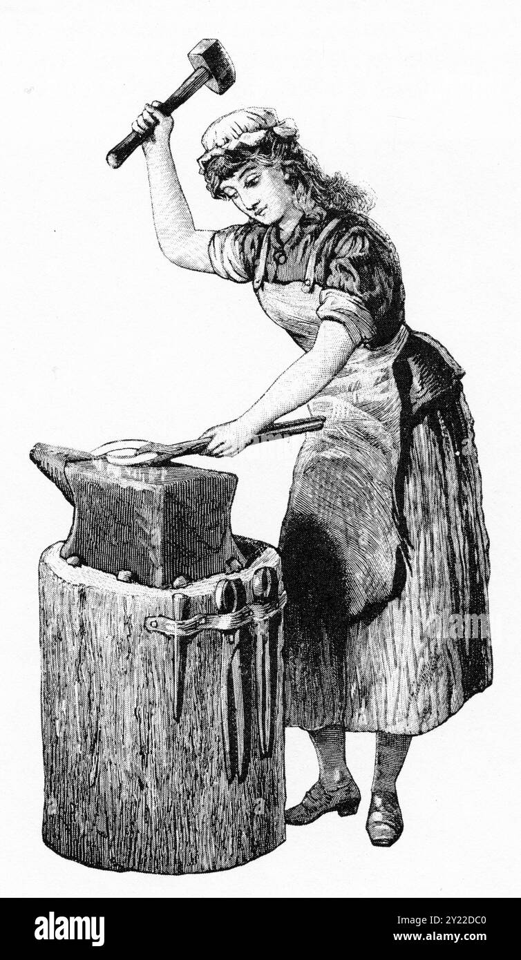 Eine viktorianische Frau, die Hufeisen auf einem Amboss verprügelt hat, um 1880 Stockfoto