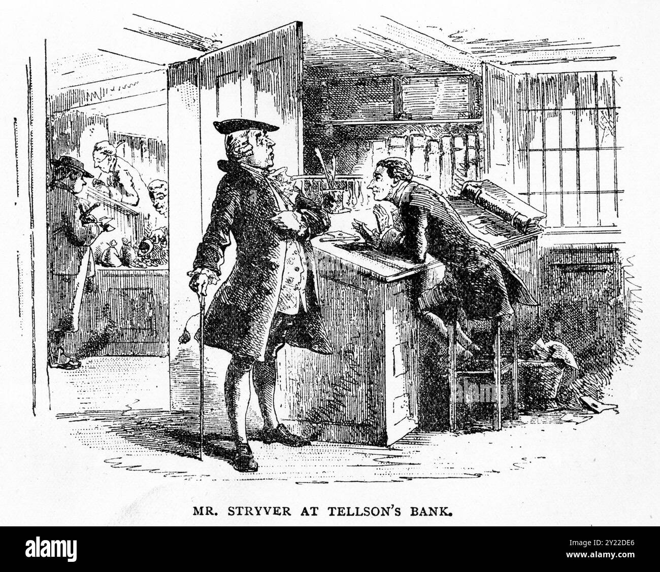 Gravur einer Szene aus dem Buch A Tale of Two Cities von Charles Dickens, Ausgabe des 19. Jahrhunderts, mit Mr. Stryver in Tellsons Bank Stockfoto