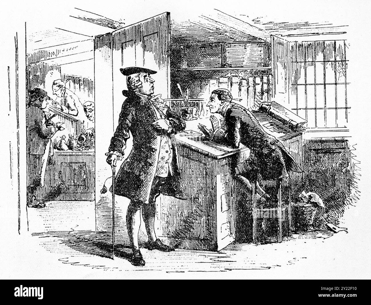 Gravur eines Kunden, der sich einem Angestellter einer Bank in London vorstellt, Bild aus den 1880er Jahren Stockfoto