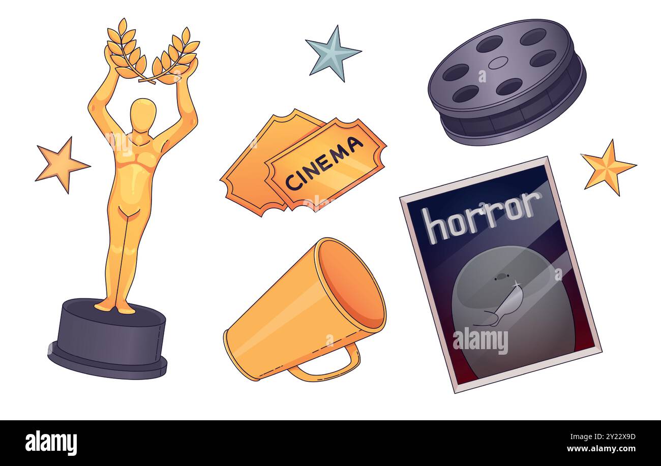 Oscar-Symbol. Hollywood Cinema tv-Vektorset. Rollenvideo zur Filmpremiere für die Sammlung von Einzelobjekten mit Goldstatue-Trophäen. Horrorposter mit Eintrittskarte für das Theater. Filmemachen und Produktion Stock Vektor