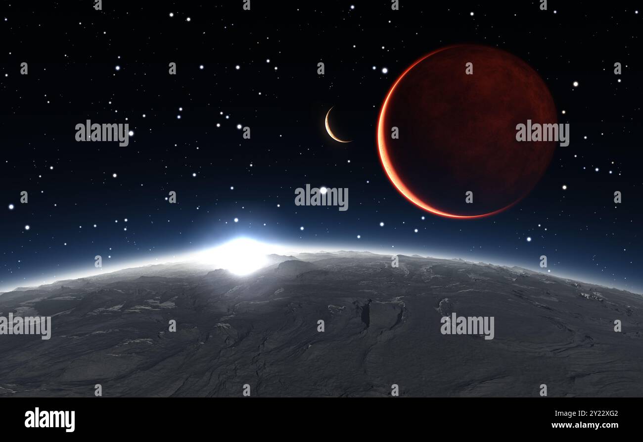 Sonnenaufgang über den Phobos mit rotem Planeten Mars im Hintergrund Stockfoto