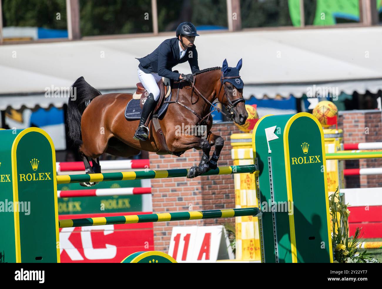 Calgary, Alberta, Kanada, 8. September 2024. Nayel Nassar (EGY) Riding Capital Night Star, CSIO Spruce Meadows Masters, - CPKC International Grand Prix präsentiert von Rolex - Credit: Peter Llewellyn/Alamy Live News Stockfoto