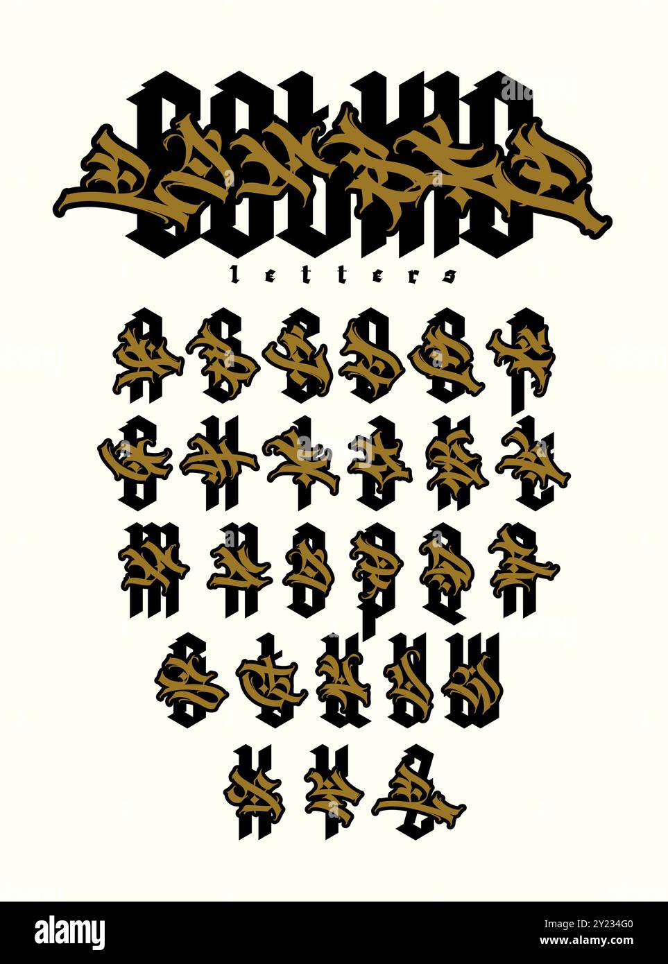 Graffiti-Stil, englisches Alphabet. Vektor. Graffiti-Buchstaben, Tags und mittelalterliche lateinische Buchstaben. Schilder und Symbole für Design. Kalligraphie, Schriftzüge und Stock Vektor