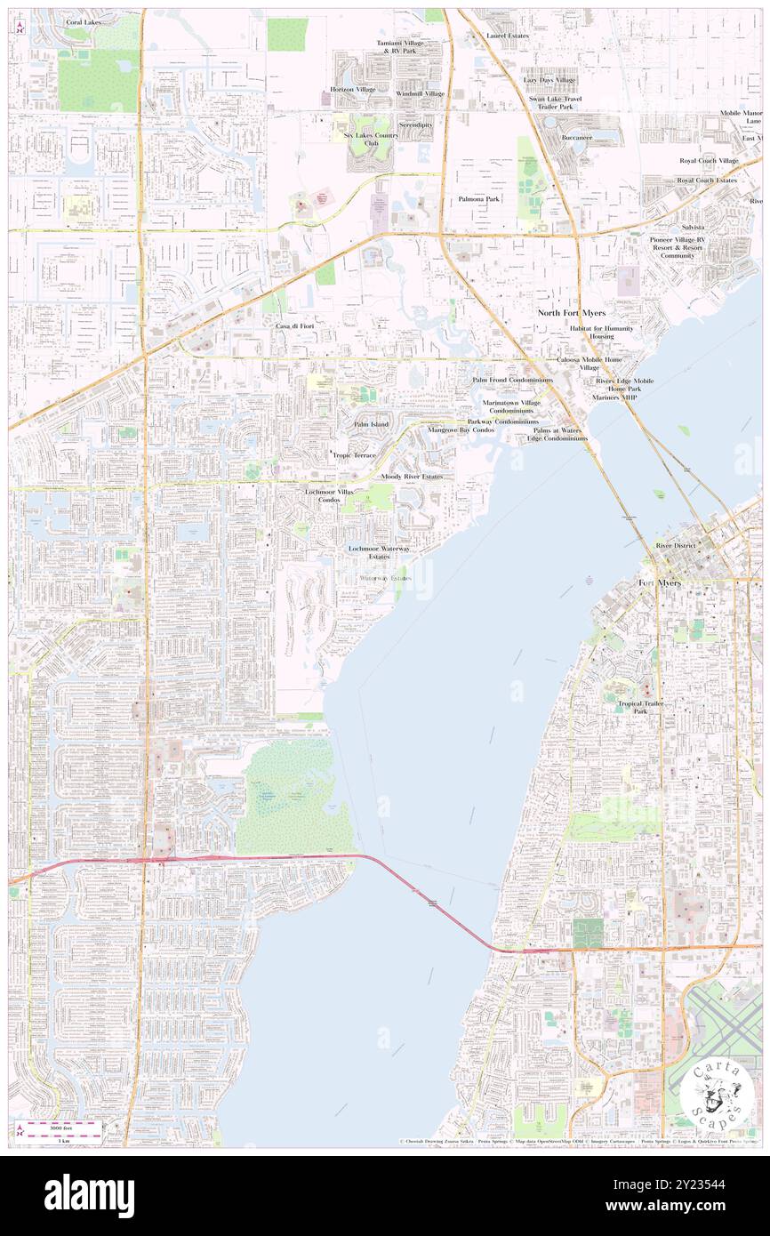 Waterway Estates, Lee County, USA, USA, Florida, n 26 38' 28''', S 81 54' 32'', Karte, Karte, Kartenausgabe 2024. Erkunden Sie Cartascapes, eine Karte, die die vielfältigen Landschaften, Kulturen und Ökosysteme der Erde enthüllt. Reisen Sie durch Zeit und Raum und entdecken Sie die Verflechtungen der Vergangenheit, Gegenwart und Zukunft unseres Planeten. Stockfoto