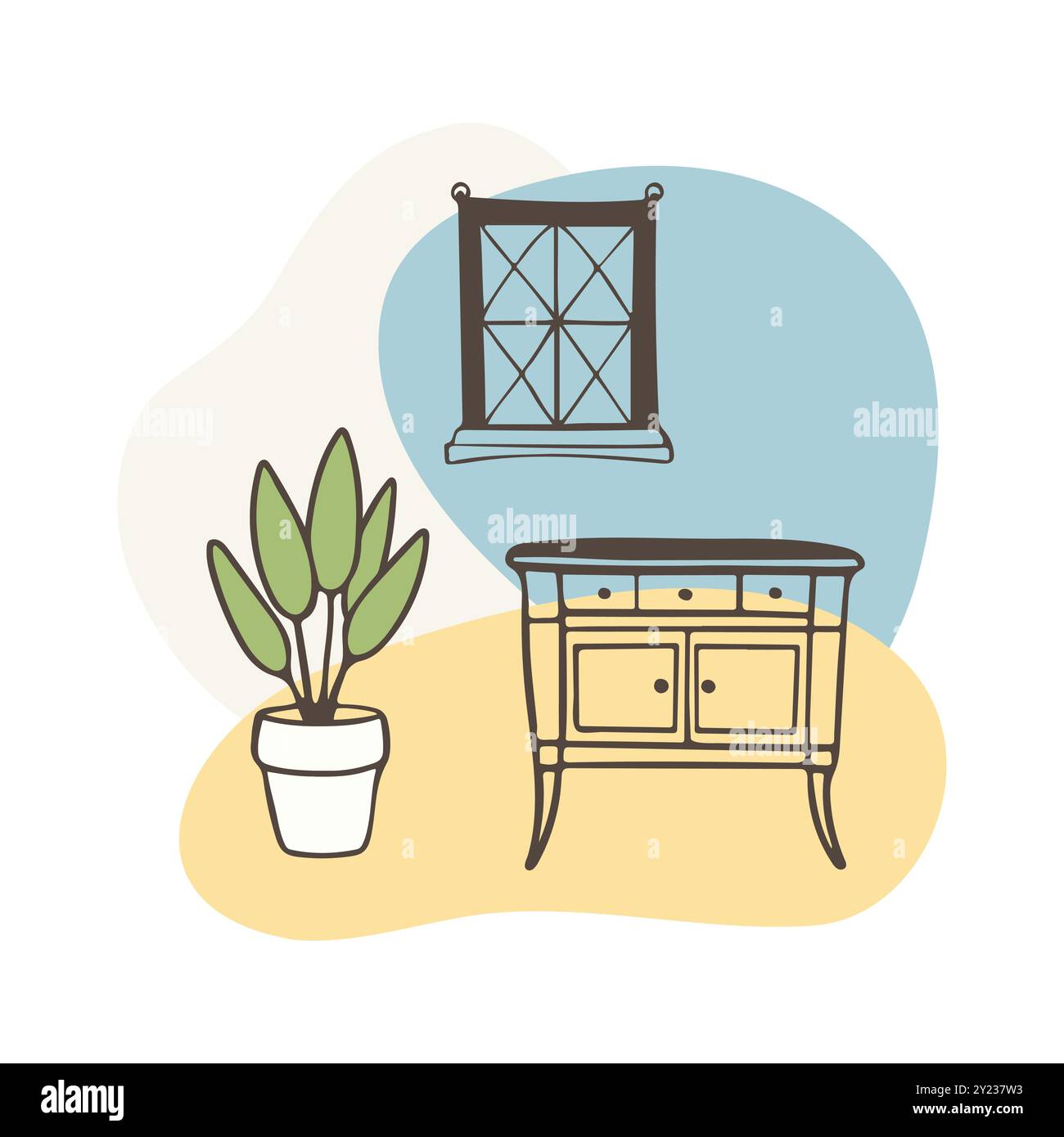 Gemütliches Wohnzimmer im provenzalischen Stil mit Kommode der Schubladen und Pflanzen in Töpfen in der Nähe des Fensters in provenzalischem Stil, einfaches Muster mit harmonischen Formen im Hintergrund. Vektorabbildung Stock Vektor