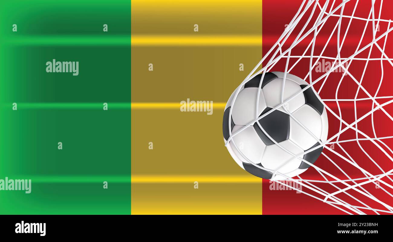 Fußball oder Fußball im Goal Net isoliert auf Mali Shaded Flag, Sportzubehör für Spiel, Meisterschaft und Wettkampfdesign Stock Vektor