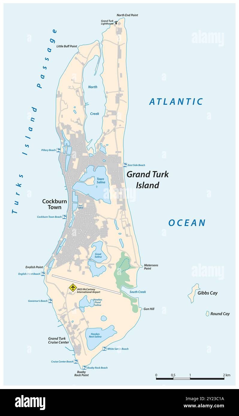Straßenkarte von Grand Turk Island, Turks- und Caicosinseln, Großbritannien Stockfoto