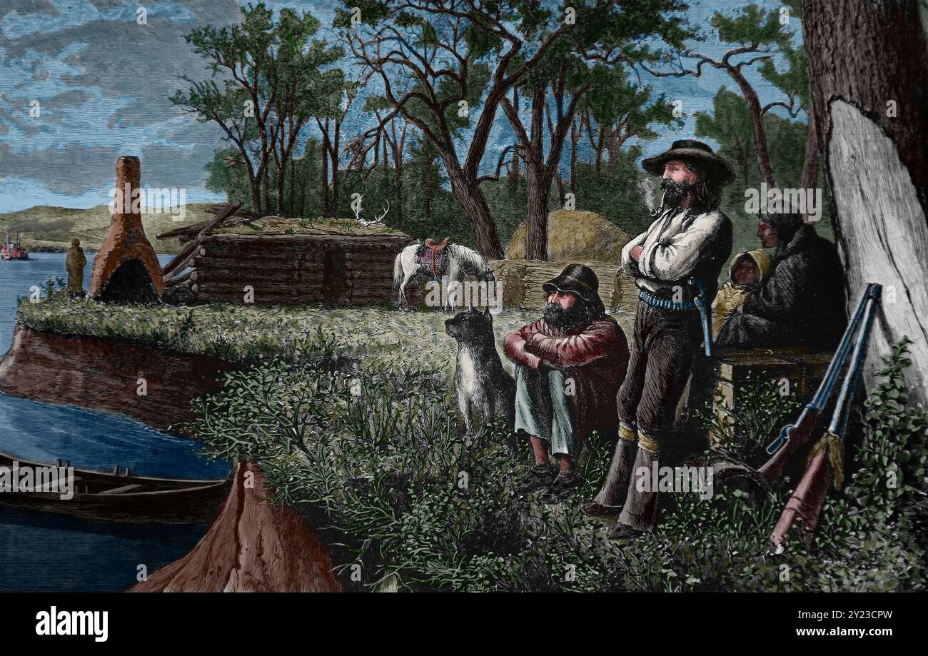 US. Westen. Eine Familie am Missouri River in der Nähe von Fort Peck, Montana Territory. Gravur, 1875. Harper's Weekly. Stockfoto