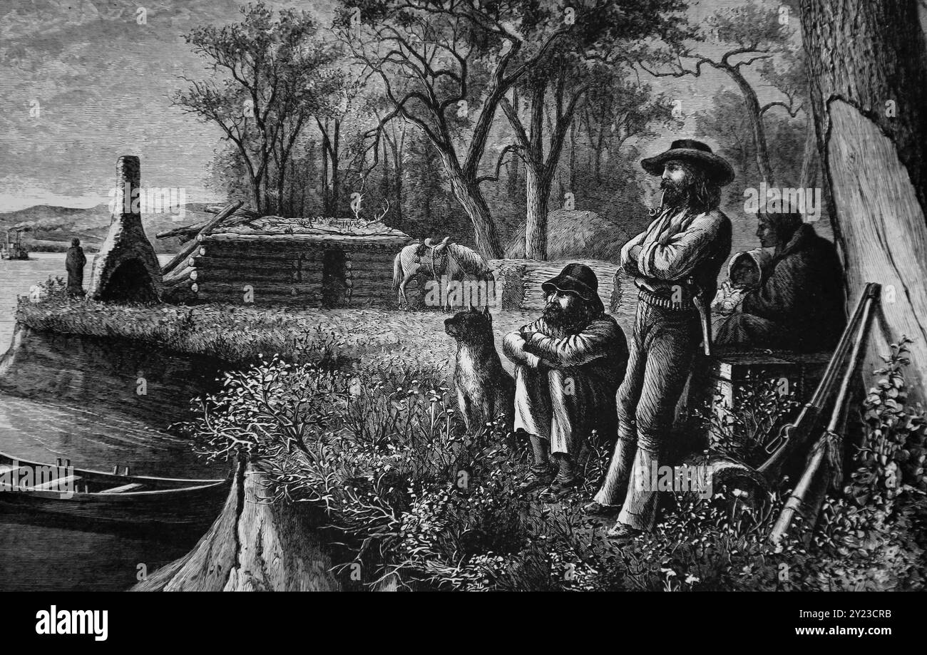 US. Westen. Eine Familie am Missouri River in der Nähe von Fort Peck, Montana Territory. Gravur, 1875. Harper's Weekly. Stockfoto