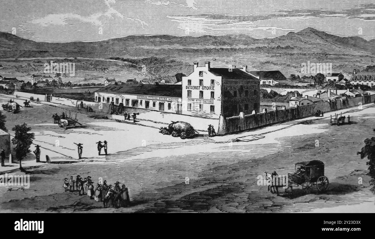 Salt Lake City. Brigham Young's Harem and Deseret Store. 1858. Gravur. Veröffentlicht in Harper's Weekly. Utha, USA. Stockfoto