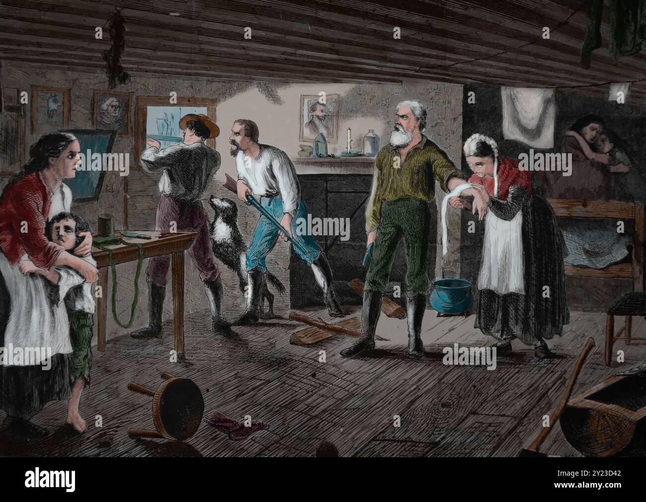 USA. Sioux-Krieger, die sich auf einem Bauern aufschleichen, der sein Feld pflügt. 1868. Gravur, Harper's Weekly. Stockfoto