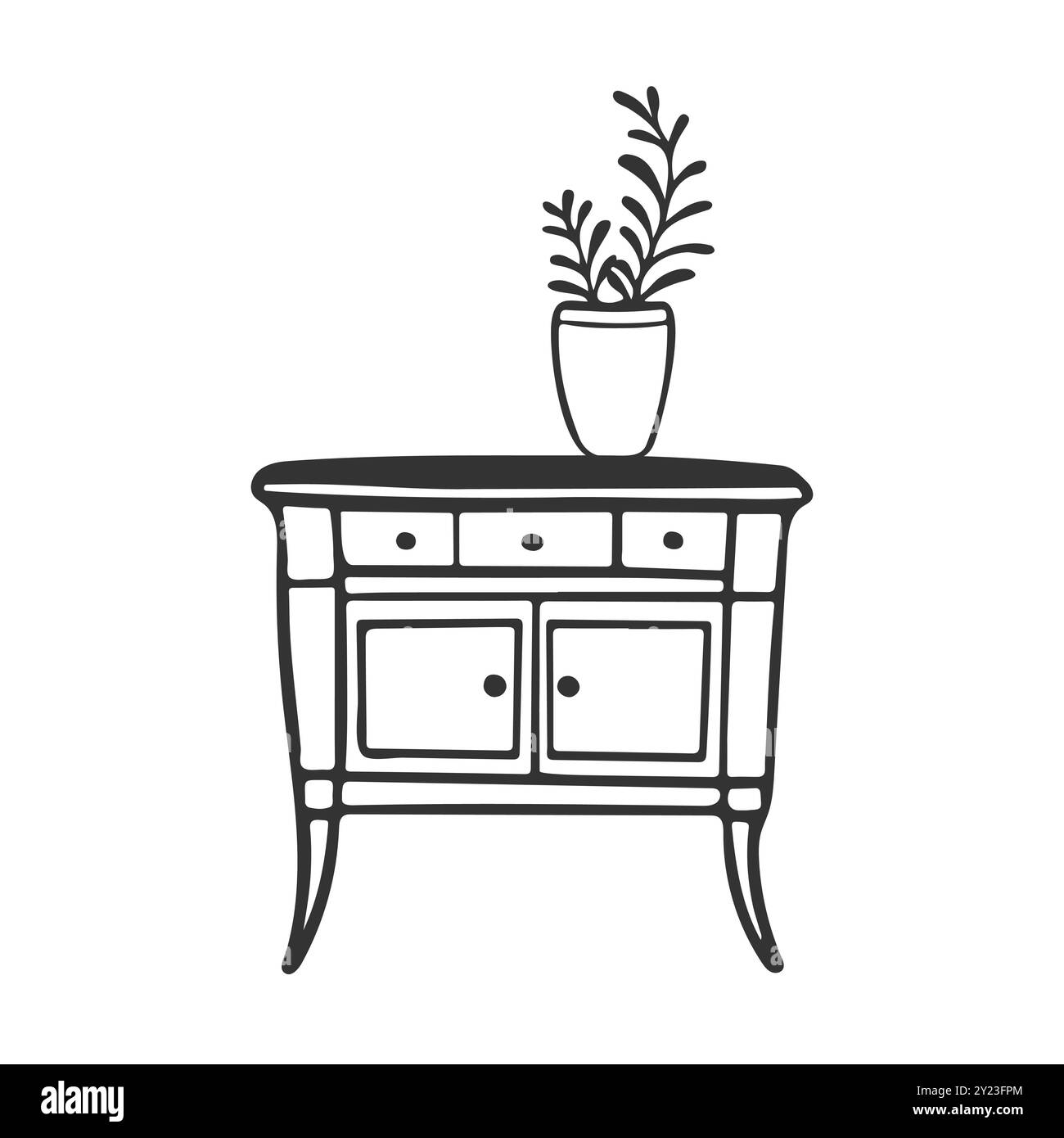 Kommode mit Schubladen ist eine Konturkritzelung, oben ist ein Blumentopf mit Zimmerpflanze. Isoliert auf weißem Hintergrund. Innenelement, Provence-Stil. Vektorabbildung Stock Vektor