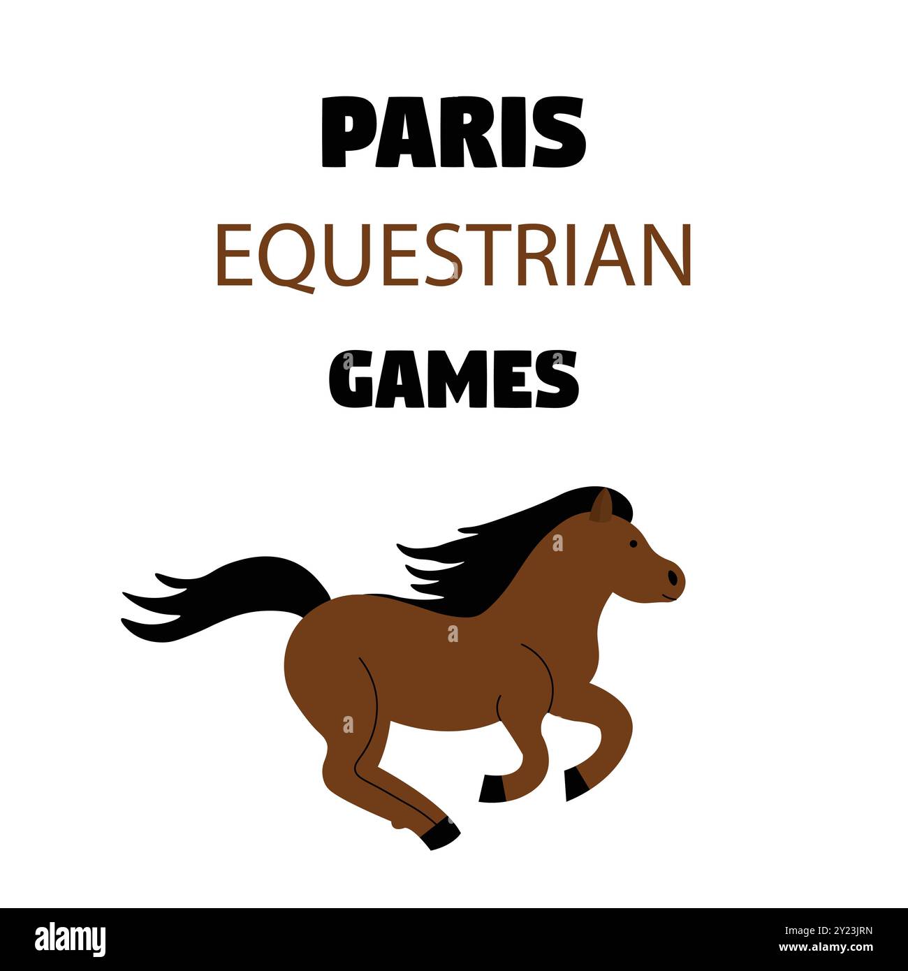 Illustration eines laufenden braunen Pferdes mit schwarzer Mähne und schwarzem Schwanz, Paris Equestrian Games Stock Vektor