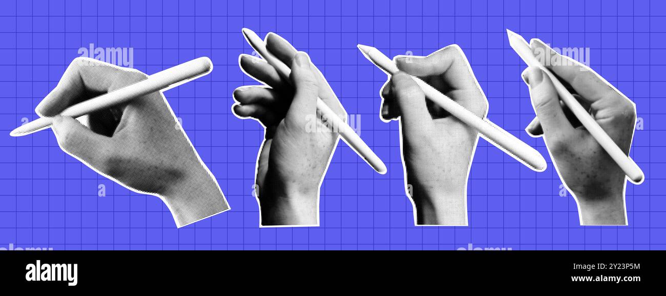 Trendige Rastone Collage Hände halten Bleistift auf blau kariertem Hintergrund. Vektorelemente im Pop-Art-Stil Stock Vektor