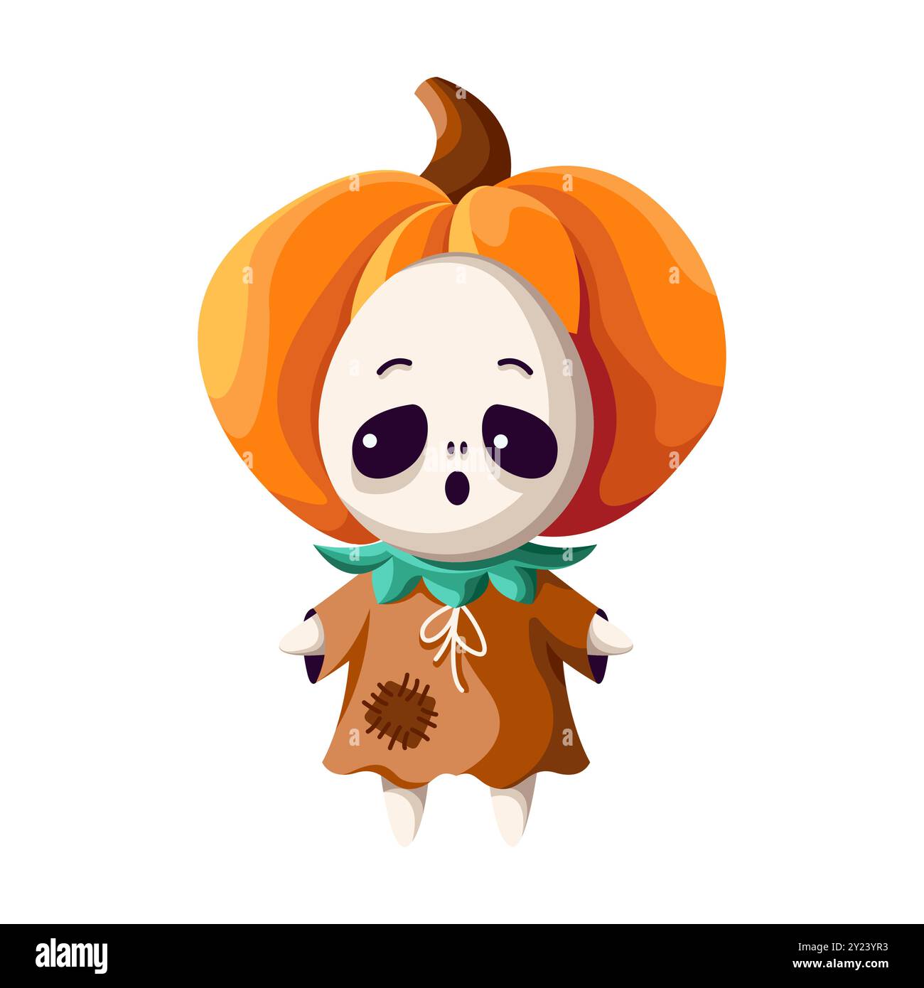 Geist mit Kürbis auf Kopf flache Farbvektor-Illustration. Oktober-Phantom. Gruselige Lost Soul Halloween-Charaktersymbol auf weißem Hintergrund Stock Vektor
