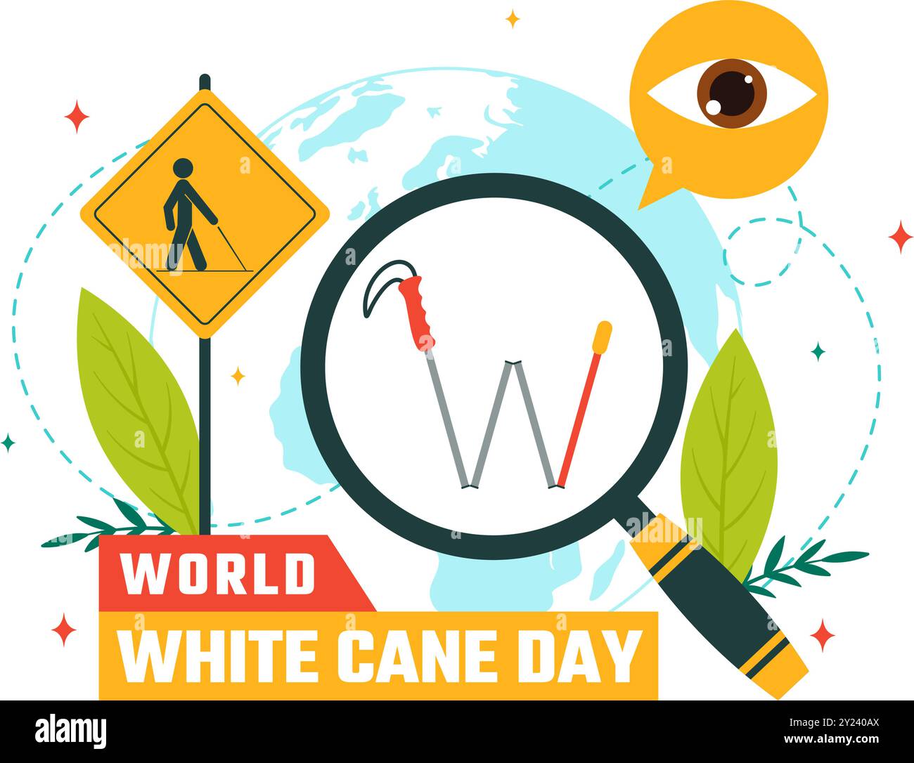 International White Cane Day Vector Illustration am 15. Oktober, mit einem White Safety Cane für Menschen mit Sehbehinderungen oder Blindheit Stock Vektor