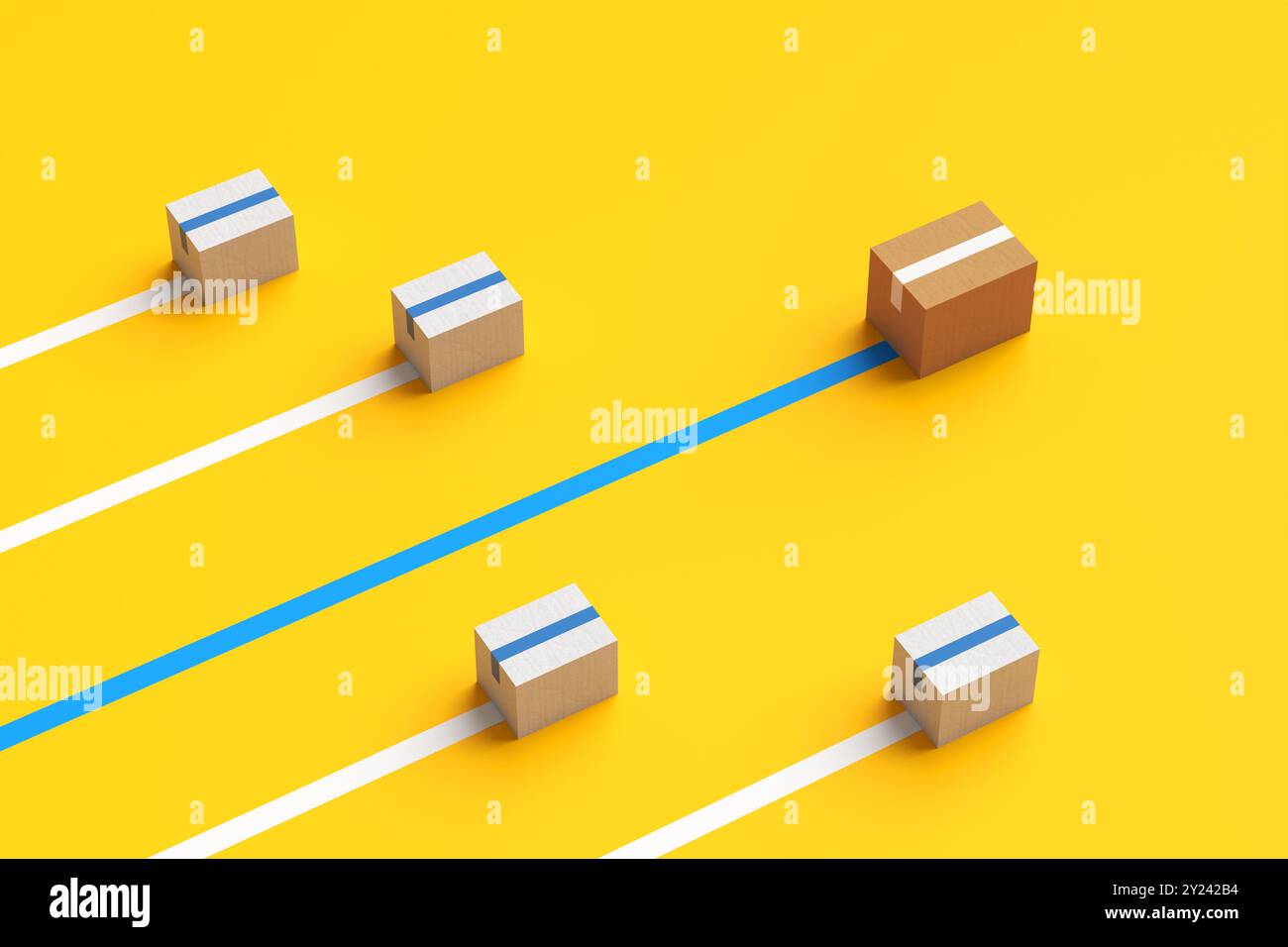 Logistik und schnelle Frachtzustellung. Braune Kartonverpackung überholt andere weiße Verpackungen auf gelbem Hintergrund. 3D-Rendering Stockfoto