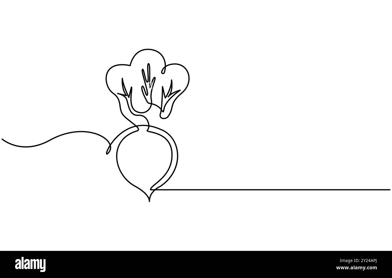 Rote Beete in der Zeichnung von durchgehenden Linien Rote Beete. Schwarze lineare Skizze der Gartenrübe, isoliert auf weißem Hintergrund. Eine durchgehende Linienzeichnung Stock Vektor