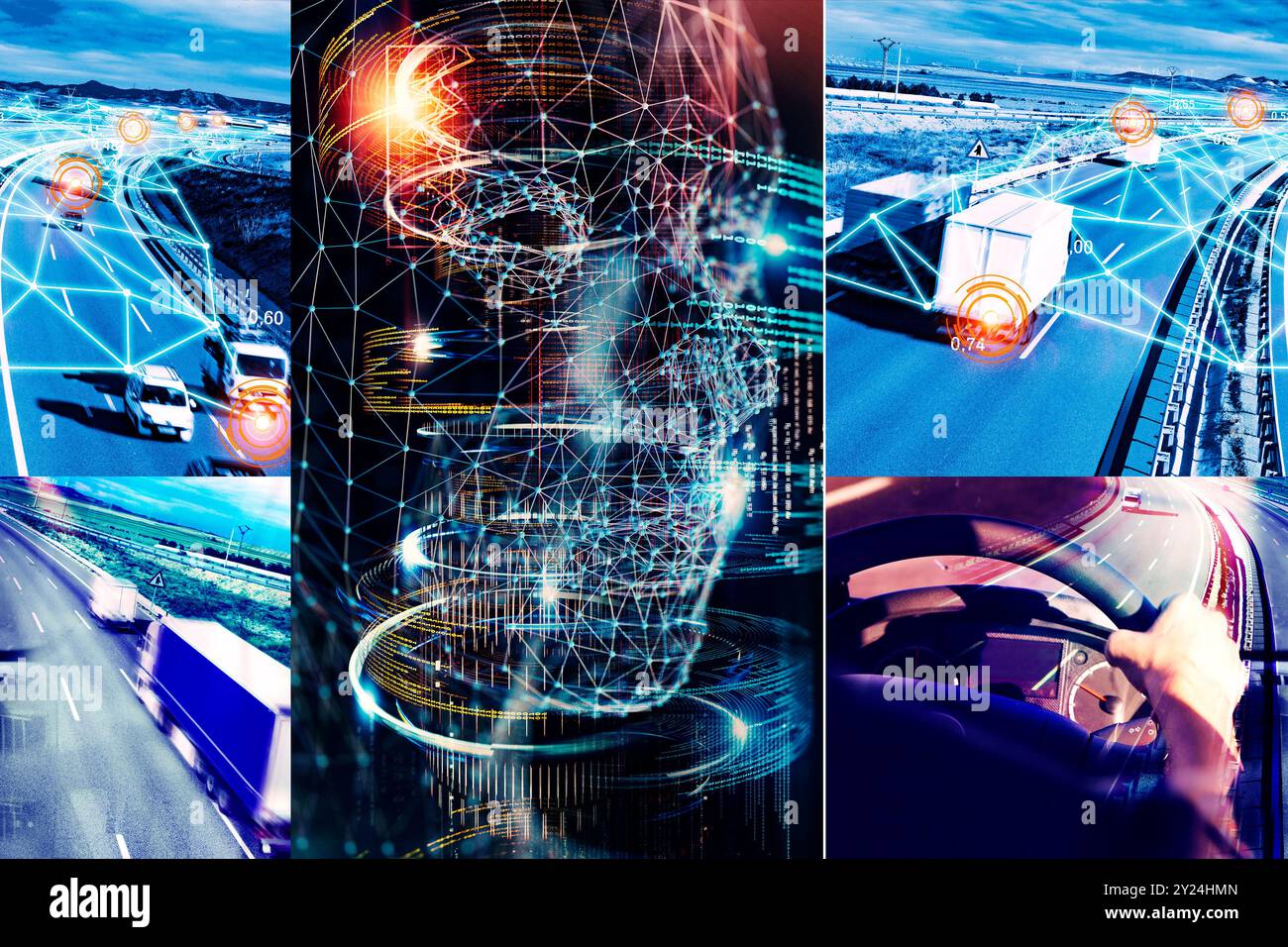 Transport für Logistikunternehmen. Autonomes Fahren und künstliche Intelligenz für die Lieferung von Gütern per LKW und Schiff. Logistische Collage. Stockfoto