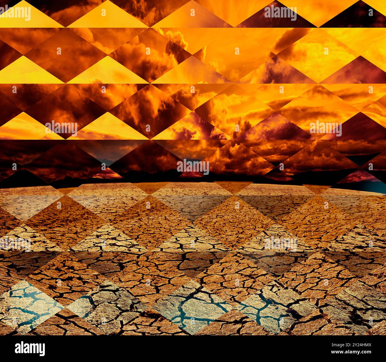 Globale Erwärmung und Dürre abstrakte Design- oder Kompositionslandschaft. Trockener Boden und Sturmlandschaft. Wüste und bewölkter Himmel. Stockfoto
