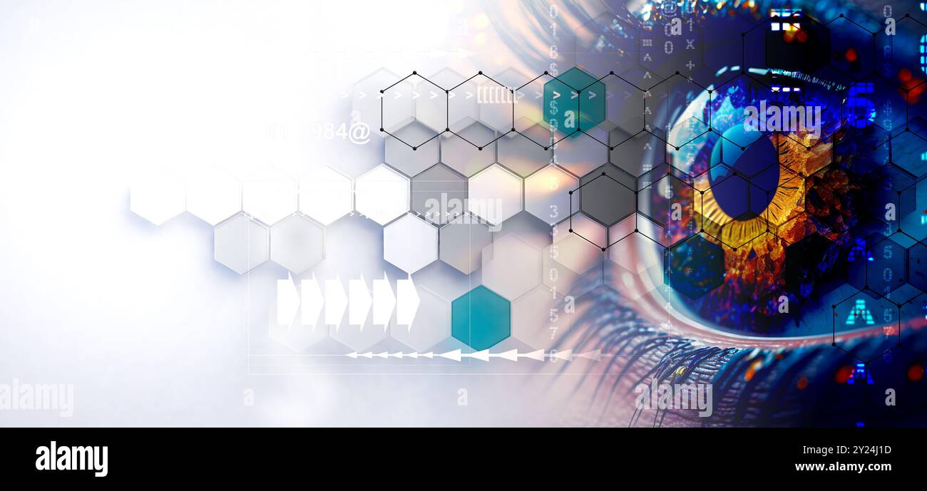 Geometrische Formen in weiß und Blau. Hintergrund der futuristischen Geschäftstechnologie. Abstrakte Technologie und digitale Hightech-Sechsecke. Stockfoto