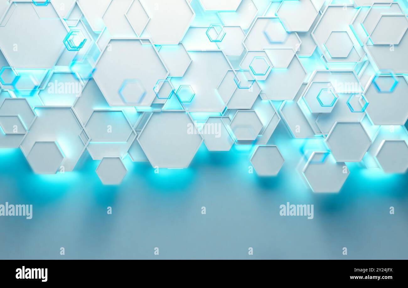 Geometrische Formen und blauer Neon-Modern beleuchten einen leeren Hintergrund. Weiß glänzender technologischer und wissenschaftlicher Hintergrund. 3D Abbildung. Stockfoto