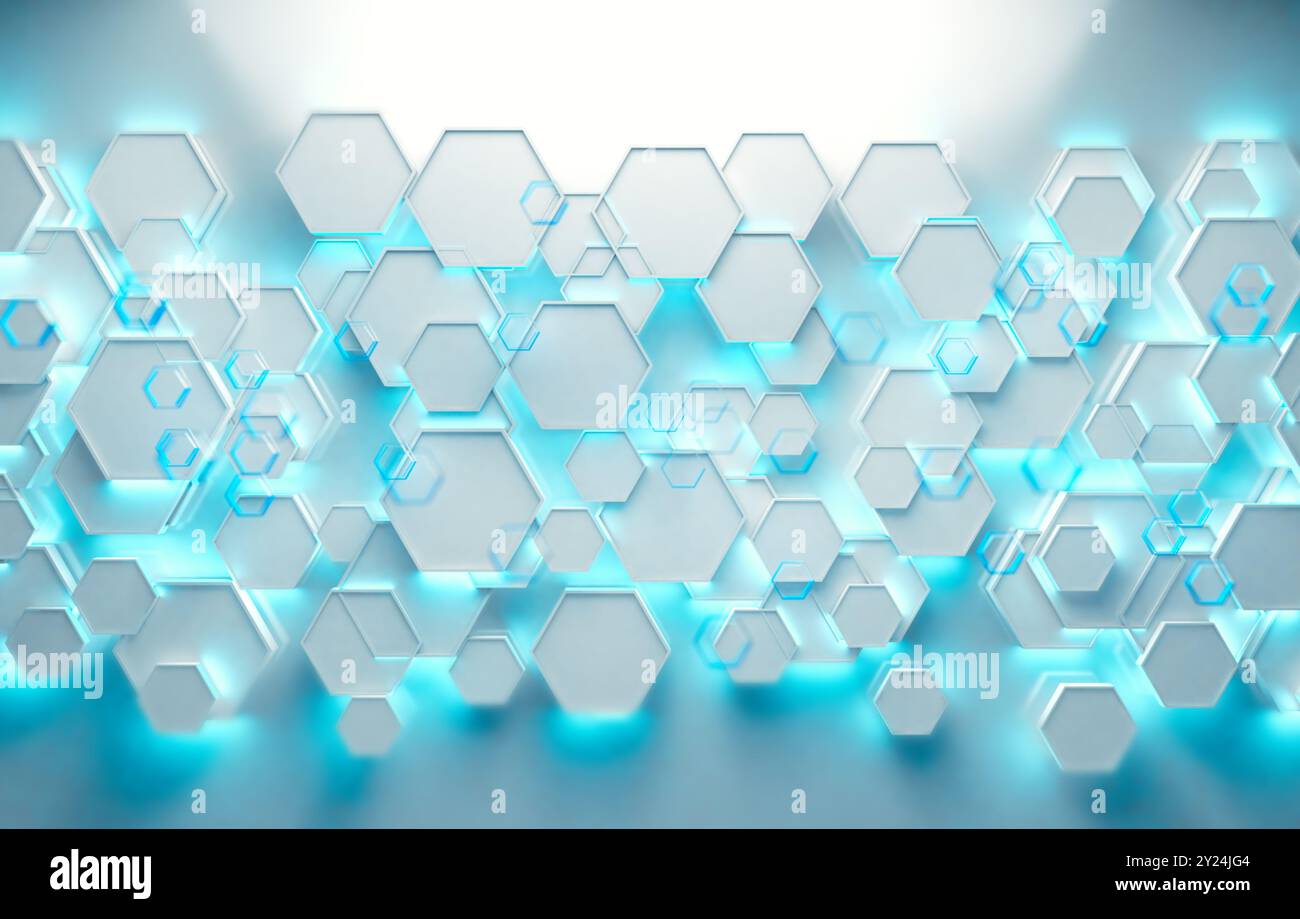 Geometrische Formen und blauer Neon-Modern beleuchten einen leeren Hintergrund. Weiß glänzender technologischer und wissenschaftlicher Hintergrund. 3D Abbildung. Stockfoto