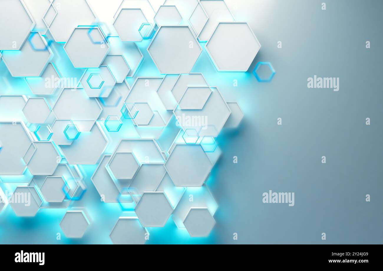 Geometrische Formen und blauer Neon-Modern beleuchten einen leeren Hintergrund. Weiß glänzender technologischer und wissenschaftlicher Hintergrund. 3D Abbildung. Stockfoto