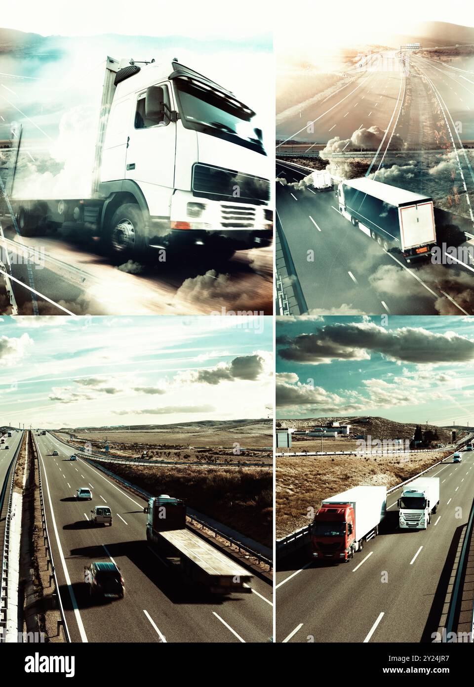 Transport für Logistikunternehmen. Lieferung von Gütern per LKW und Schiff. Logistische Collage. Transportunternehmen.Logistikgeschäft. Lagerung. Stockfoto