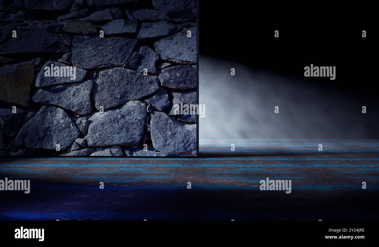 Leerer Zementraum oder Raum.Boden mit Betonwandstruktur Hintergrund beleuchtet durch Scheinwerfer oder Laternenpfahl.leerer dunkler Raum.3d Illustration. Stockfoto