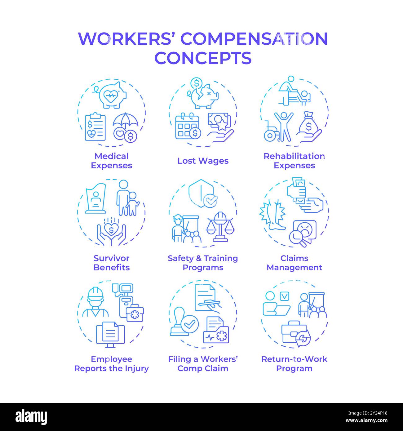 Symbole für das Konzept „Worker Compensation Blue Gradient“ Stock Vektor