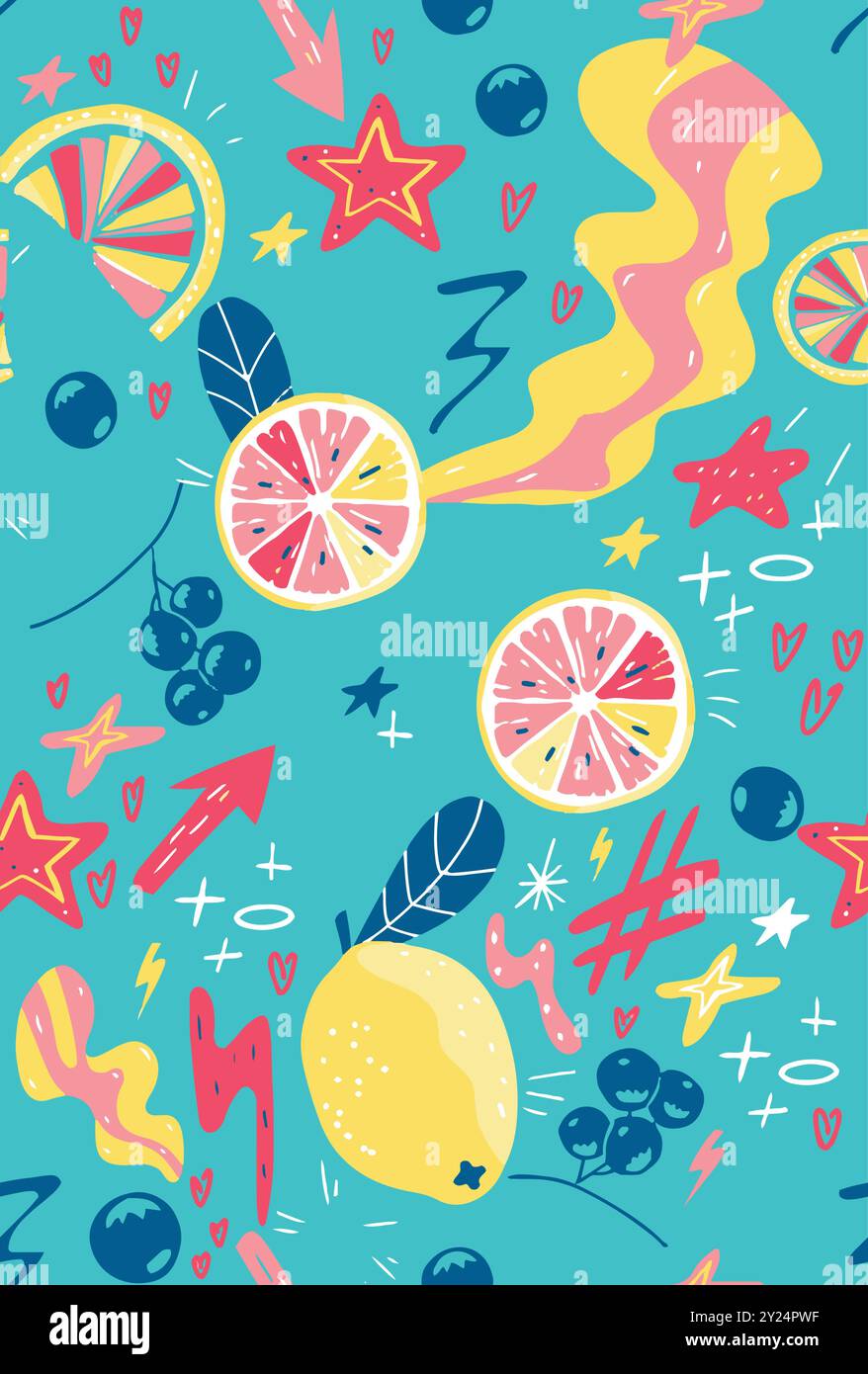 Eine farbenfrohe Sommer tropische frische Früchte Zitrone mit Stern abstrakte Illustration türkis Hintergrund nahtlose Muster Vektor-Kunstwerk Stock Vektor