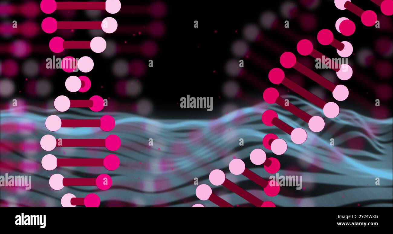 DNA-Stränge und binäres Codierungsbild über welligen blauen Wellen Stockfoto