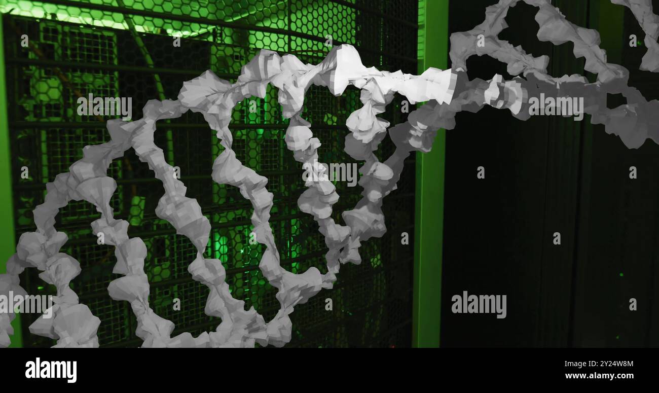 Bild von weißem, strukturiertem dna-Strang über dunklem Computerserverraum Stockfoto