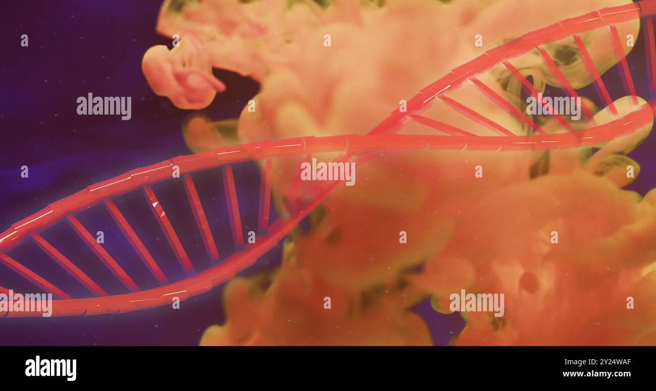 DNA-Strangbild über farbenfrohen abstrakten Hintergrund Stockfoto